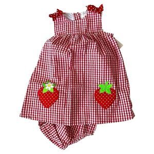 Rare Editions 2PC Baby Girl Gingham Strawberry Dress & Diaper Cover Size 24M NWT